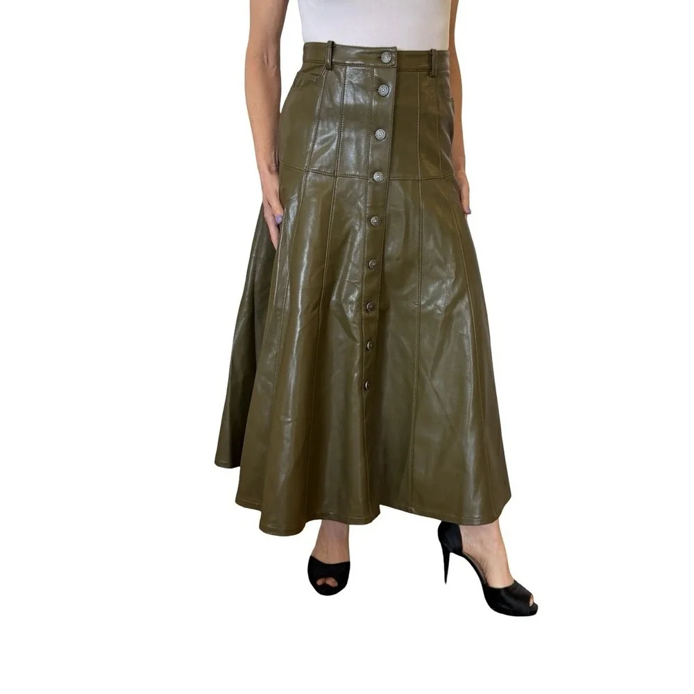 Cinq À Sept Veena Skirt a-line Midi Button Olive  Green Vegan Leather  6 Worn 1x
